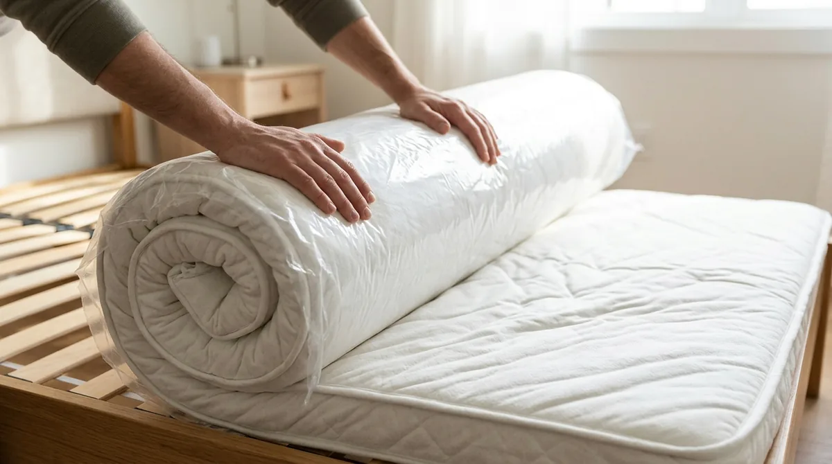 Nệm cuộn foam 10cm + gối cao su non — dùng thực tế