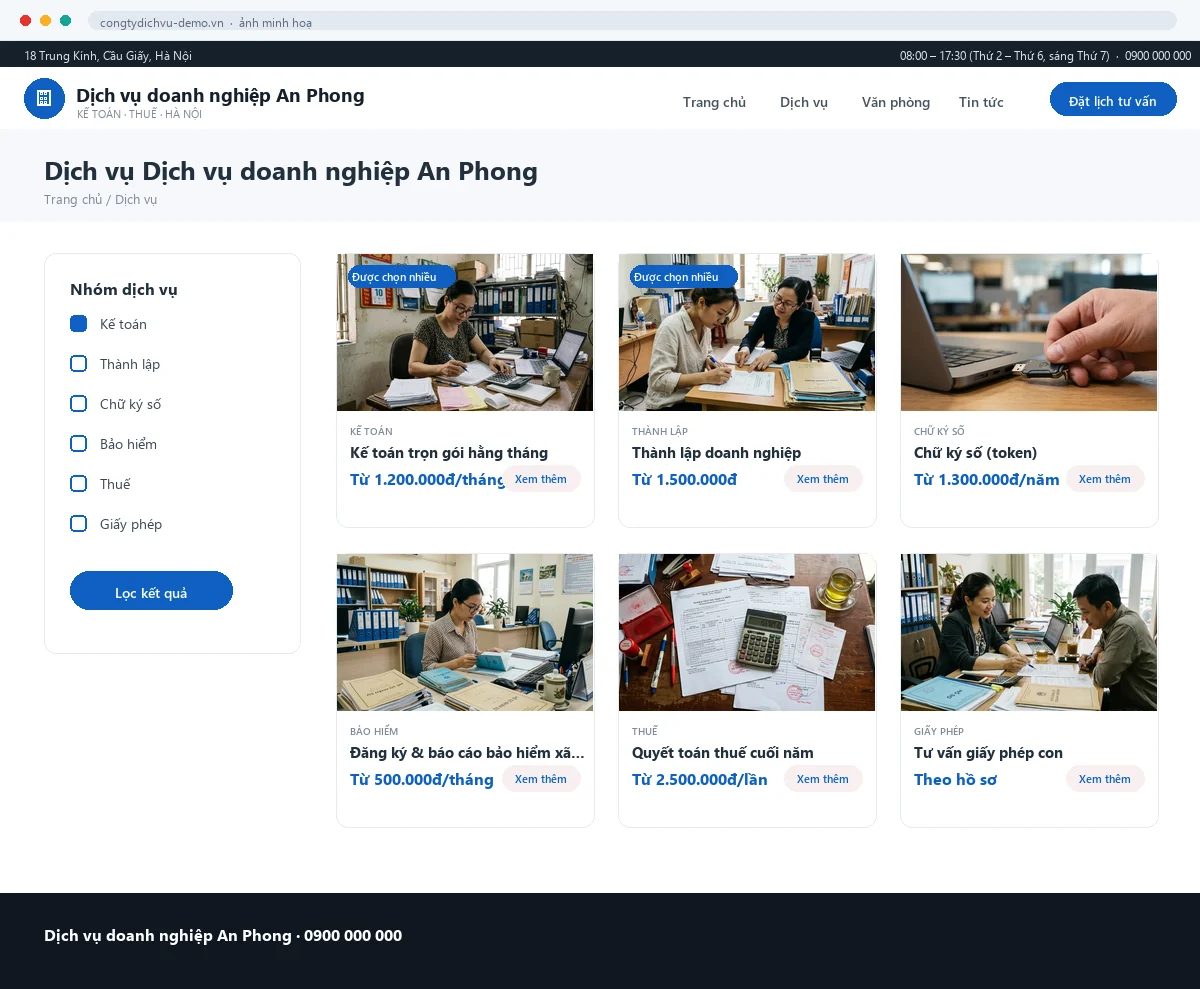 Mẫu Công ty & dịch vụ — trang danh sách bên trong