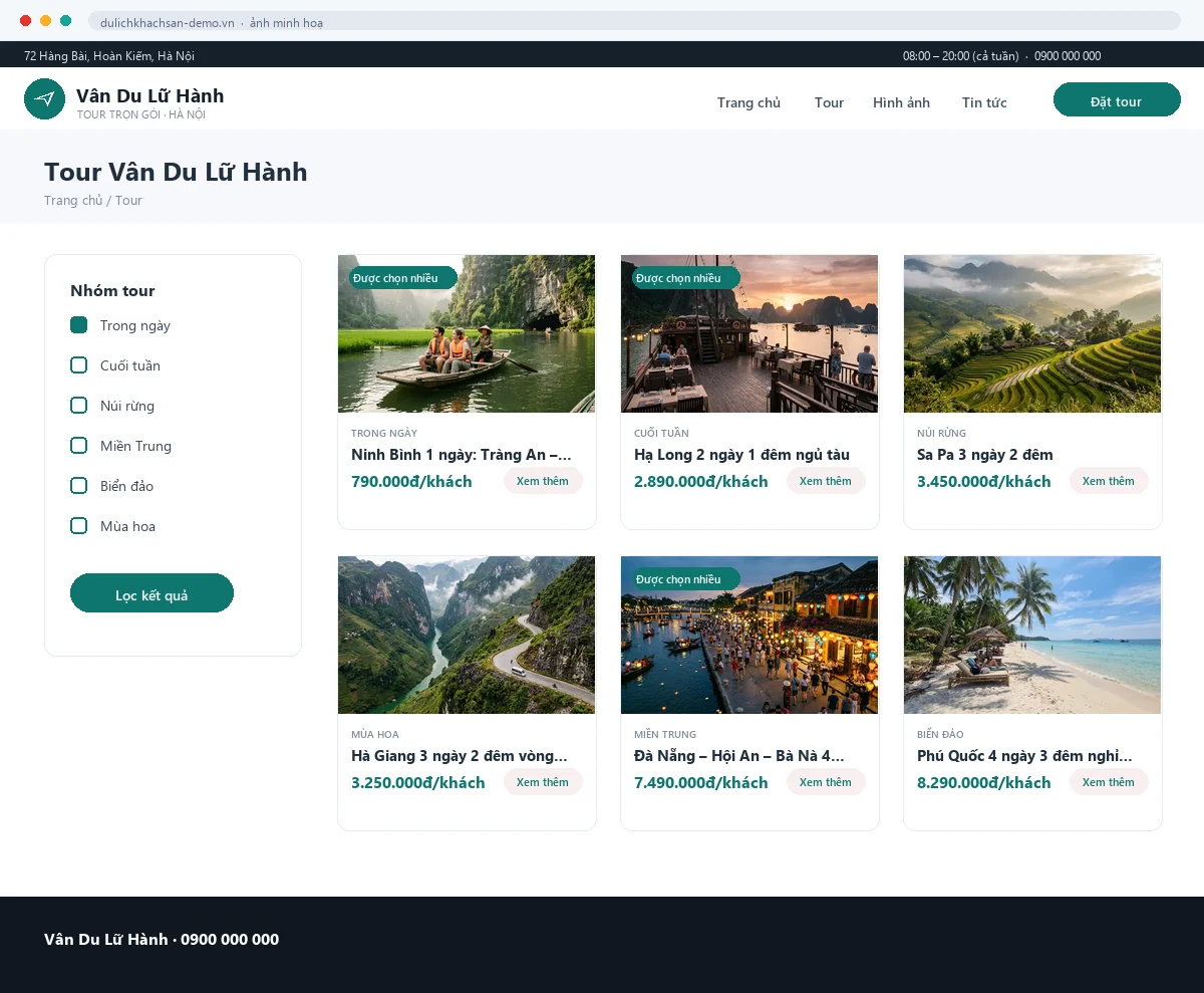 Mẫu Du lịch & khách sạn — trang danh sách bên trong