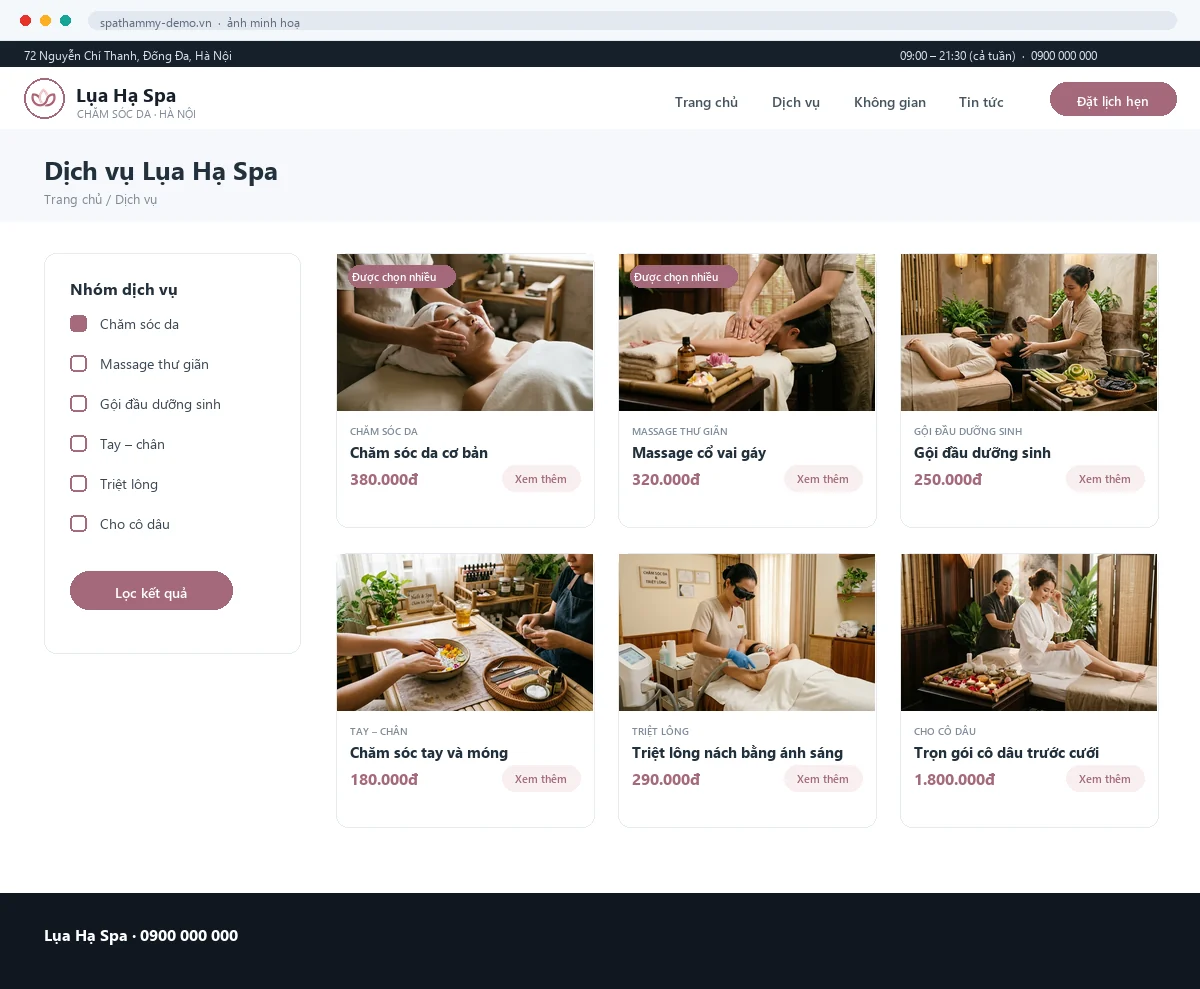 Mẫu Spa & thẩm mỹ viện — trang danh sách bên trong